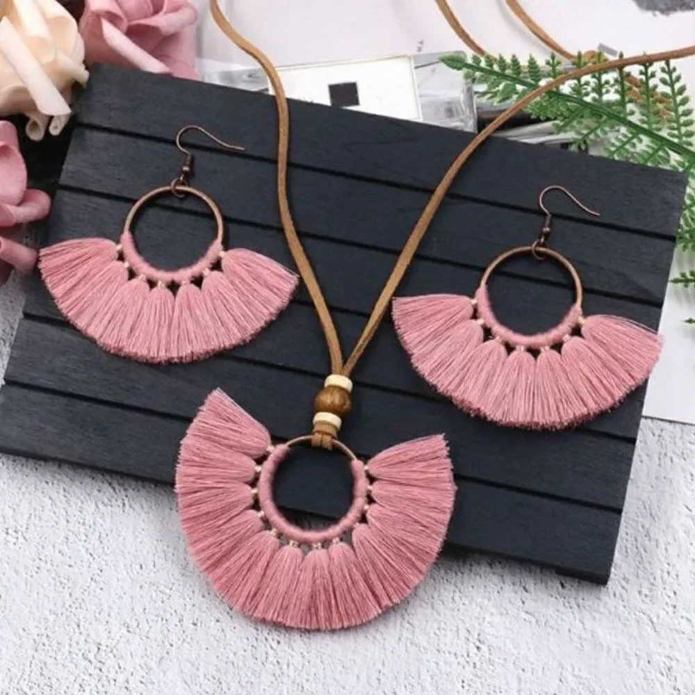 Boho Tassel Necklace & Earrings Set Fan Fringe Statement Festival Jewelry
